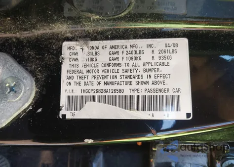 2008 Honda Accord 2.4 Ex-L from USA, damaged, VIN 1HGCP26828A126580